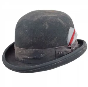 Distressed steampunk wool bowler hat with vintage texture and feather decoration