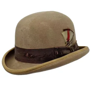 Classic camel wool felt bowler hat with dark brown ribbon and decorative side feather