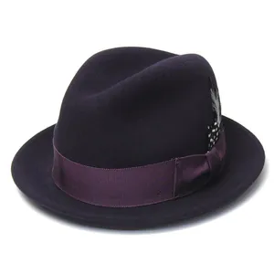 Classic deep purple wool fedora hat with grosgrain ribbon and spotted feather accent