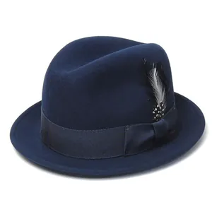 Classic navy wool fedora hat with elegant ribbon band and monochrome feather detail