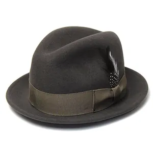 Dark grey wool felt fedora with olive green ribbon band and spotted feather detail