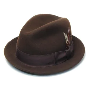 Classic dark brown wool fedora hat with grosgrain ribbon and natural feather detail