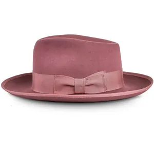 Sombrero fedora clásico de fieltro de lana rosa oscuro con cinta de grosgrain y un lazo