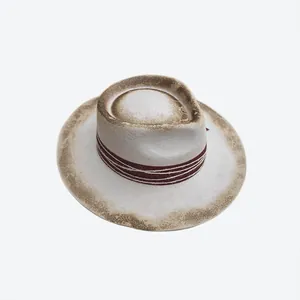 Vintage burnt-style wool felt fedora with teardrop top and distressed brim details