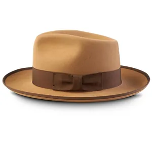 Sombrero Fedora clásico de lana camel con cinta de grosgrain marrón oscuro y lazo plano
