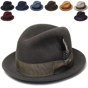 Vintage Pure Wool Fedora Hat For Men Women Short Brim Ribbon Feather Decor Solid Color Fashionable Jazz Cap Elegant Winter Hat