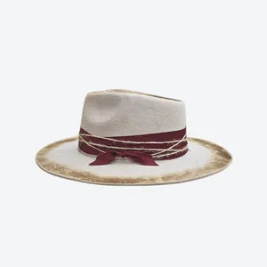 Vintage felt fedora hat in light grey with scorched edges and burgundy ribbon decoration