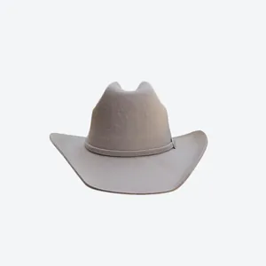 Detailed close-up of light brown wool felt cowboy hat with cattleman crease and buckle