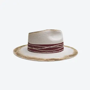 Beige wool fedora hat with burnt edges, teardrop crown, burgundy ribbon and hemp rope detail