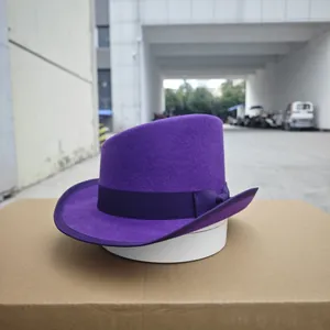 Detailed view of the purple wool fedora hat featuring a matching grosgrain ribbon bow