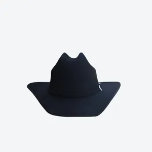 Close-up of black wool felt western cowboy hat with curved brim and silver metal buckle