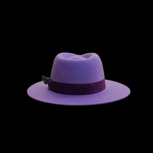 Cappello fedora in feltro di lana viola con nastro in gros-grain e piuma decorativa