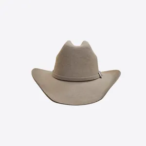 Detailed close-up of khaki wool felt western cowboy hat showing cattleman crease and texture