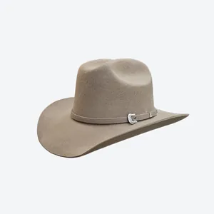 Detail of light brown wool felt cowboy hat with vintage silver floral metal buckle