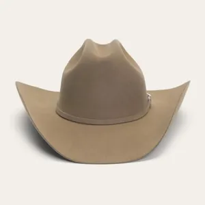 Classic tan wool felt cowboy hat with curved brim and silver metallic buckle detail