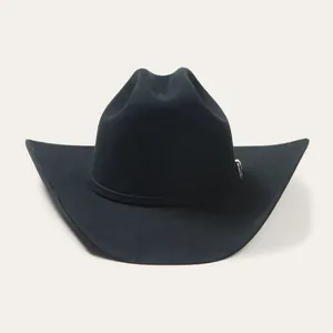 Classic black wool western cowboy hat with cattleman crease and curved brim on beige background