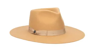 Detailed close-up of a camel wool fedora hat featuring a satin ribbon and metal logo buckle