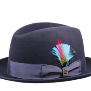 Cappello fedora in lana blu scuro con nastro di raso e decorazione in piuma laterale