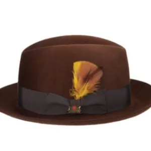 Cappello fedora classico in feltro di lana marrone scuro con nastro nero e piuma