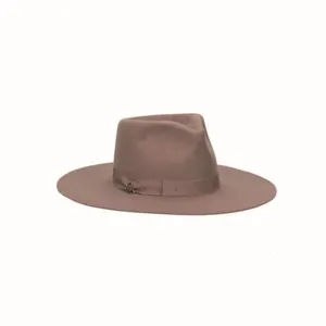 Classic teardrop wool felt fedora with ribbon band and metal badge on a white background
