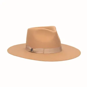 Classic camel wool felt fedora hat with wide brim and elegant metal buckle detail