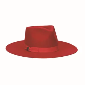 Classic bright red wool felt fedora hat with teardrop crown and decorative satin ribbon
