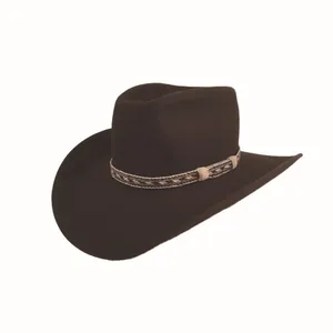 Sombrero vaquero clásico de fieltro de lana marrón oscuro con banda tejida de estilo étnico