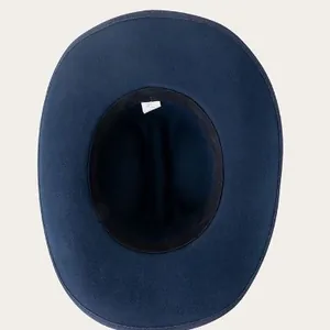 Navy blue wool western cowboy hat with wide brim showing inner sweatband and structure