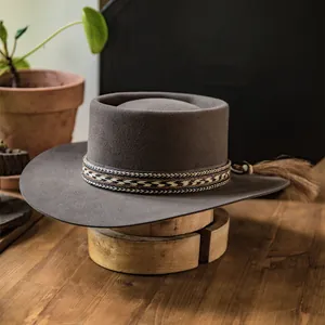 Cappello Fedora in Pura Lana Stile Britannico Pork Pie Flat Top Tesa Larga Fascia Etnica Nappa Vintage Cappello Jazz
