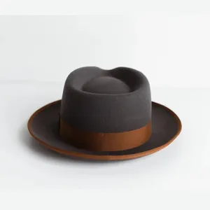Vintage dark grey wool felt fedora hat with brown grosgrain ribbon and edge trim