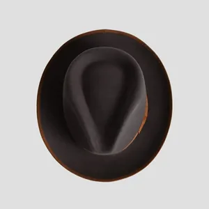 Classic wide brim wool felt fedora hat in dark grey with brown ribbon band and bound edge