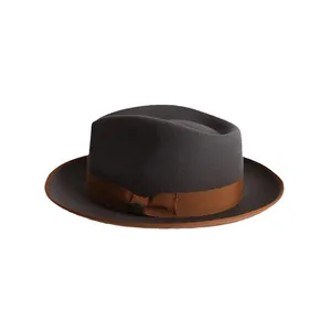 Classic dark grey wool fedora hat with brown ribbon trim and vintage metal buckle