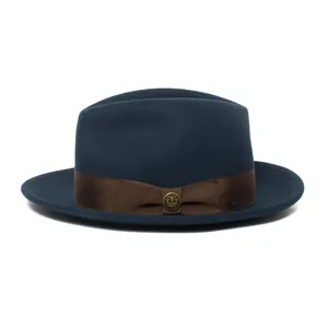 Chapeau Fedora classique en feutre de laine bleu marine avec ruban brun et insigne