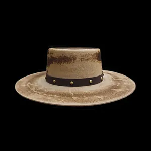 Vintage flat top wool fedora hat with distressed burnished print and leather stud band
