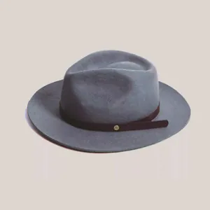 Blue-grey wool fedora hat with dark brown leather band and golden button detail