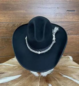 Top-down view of black wool fedora featuring silver-grey braided rope and ring detail