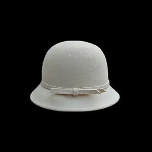 Elegant white wool felt fedora hat with decorative bow for women winter fashion