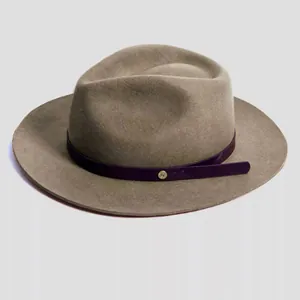Classic taupe wool fedora hat with a thin purple leather belt and gold buckle detail
