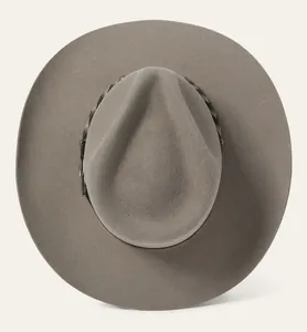 Vertical view of dark grey wool felt hat featuring teardrop top and woven band detail