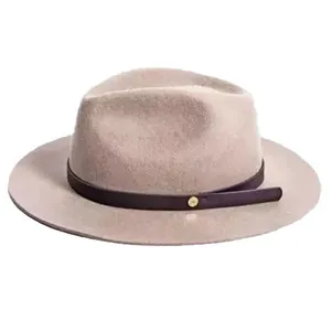 Classic beige wool fedora hat featuring a brown leather band and gold metal buckle