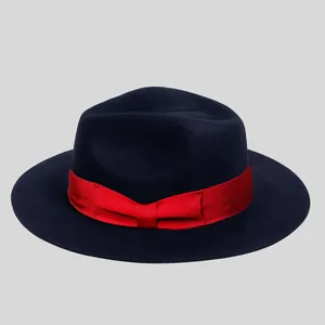 Navy wool fedora hat with vibrant red grosgrain ribbon for premium fashion styling