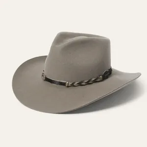 Vintage Western Wool Felt Fedora Hat With Braided Belt Decoration Teardrop Crown Wide Brim Cowboy Sun Hat For Men Women