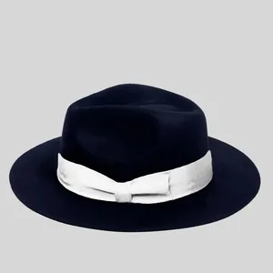 Classic black wool fedora hat with a wide white grosgrain ribbon and bow accent