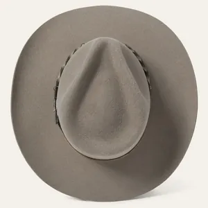 Classic light grey wool teardrop fedora hat with wide brim and braided leather band