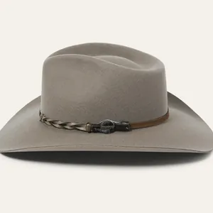 Classic grey wool felt teardrop fedora with braided brown leather belt and metal buckle