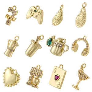 Brass Zirconia Miniature Pendant Only Without Chain Vintage Moka Pot Headphone Game Console Lucky 7 DIY Charms Jewelry For Women