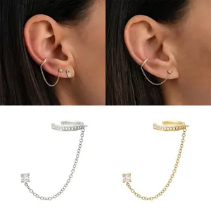 S925 sterling silver U-shaped ear cuff with chain and cubic zirconia stone set