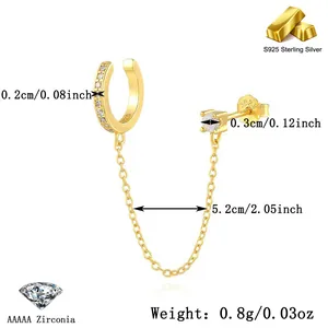 S925 sterling silver gold chain ear cuff with sparkling zircon stone and sleek design