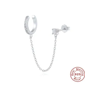 S925 sterling silver U-shaped ear cuff with chain link and cubic zirconia studs