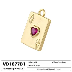 Detail of Ace of Hearts brass pendant with pink gemstone and gold finish measurements